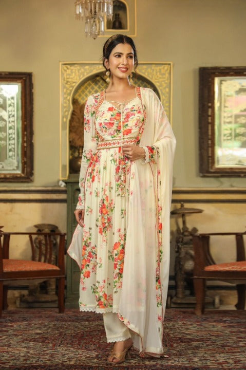 Cream Beautiful Full Flair Chinnon Three Piece Anarkali Kurti Set With Chiffon Dupatta