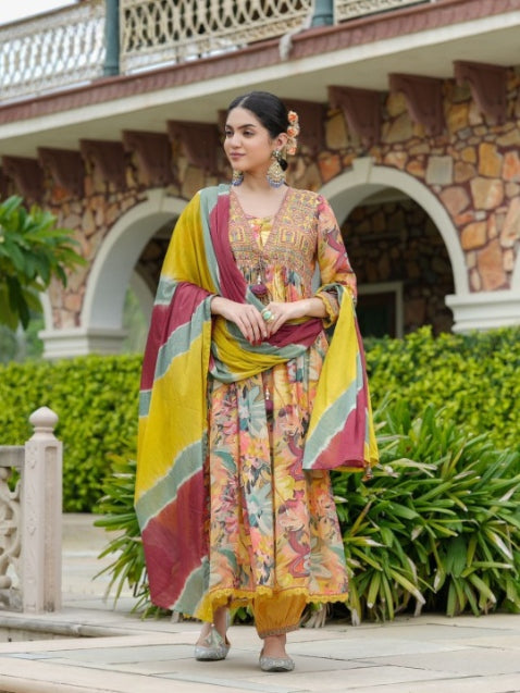 Yellow Full Flair Chinnon Three Piece Anarkali Kurti Set With Chiffon Dupatta