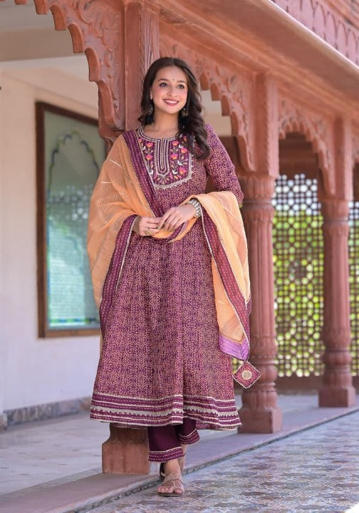 Wine Three Piece Anarkali Kurti Set With Organza Dupatta