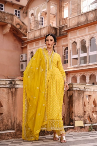 Yellow Digital Print Muslin Anarkali Suit Set With Organza Dupatta