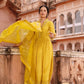 Yellow Digital Print Muslin Anarkali Suit Set With Organza Dupatta