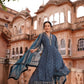 Dark Blue Digital Print Muslin Anarkali Suit Set With Organza Dupatta