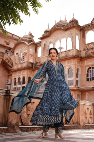 Dark Blue Digital Print Muslin Anarkali Suit Set With Organza Dupatta