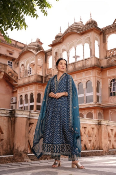 Dark Blue Digital Print Muslin Anarkali Suit Set With Organza Dupatta