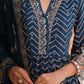 Dark Blue Digital Print Muslin Anarkali Suit Set With Organza Dupatta