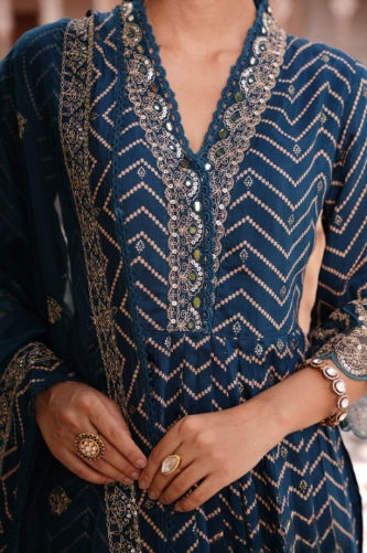 Dark Blue Digital Print Muslin Anarkali Suit Set With Organza Dupatta