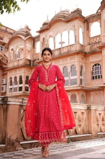 Orange Red Digital Print Muslin Anarkali Suit Set With Organza Dupatta