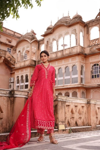 Orange Red Digital Print Muslin Anarkali Suit Set With Organza Dupatta