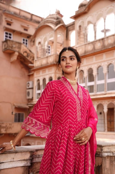 Orange Red Digital Print Muslin Anarkali Suit Set With Organza Dupatta