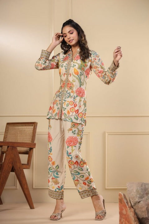 Cream Designer Pure Muslin Fabric Co-ord Set