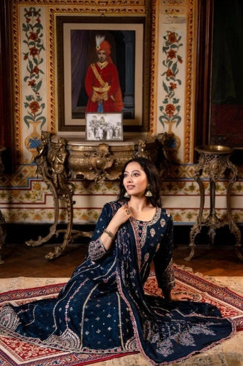 Royal Blue Cotton Schiffili Embroidered Anarkali Kurti-Pant Set With Chiffon Dupatta