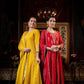 Bright Yellow Cotton Schiffili Embroidered Anarkali Kurti-Pant Set With Chiffon Dupatta