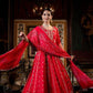 Deep Red Cotton Schiffili Embroidered Anarkali Kurti-Pant Set With Chiffon Dupatta