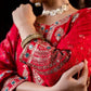 Deep Red Cotton Schiffili Embroidered Anarkali Kurti-Pant Set With Chiffon Dupatta