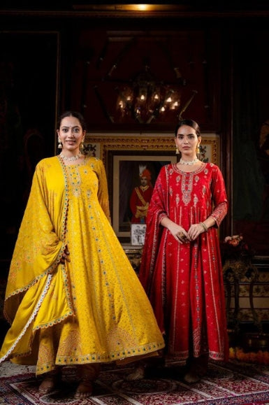 Bright Yellow Cotton Schiffili Embroidered Anarkali Kurti-Pant Set With Chiffon Dupatta
