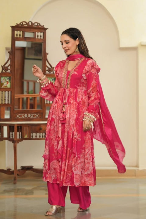 Pink Floral Print Front Slit Full Flair Three Piece Chinnon Anarkali Set 