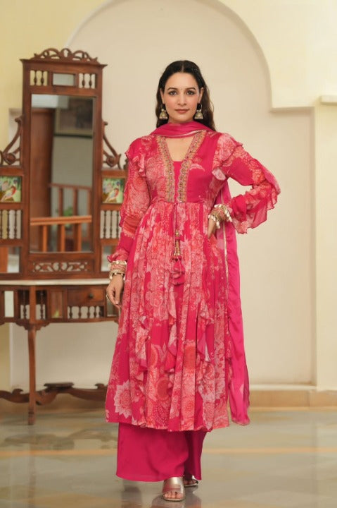 Pink Floral Print Front Slit Full Flair Three Piece Chinnon Anarkali Set 