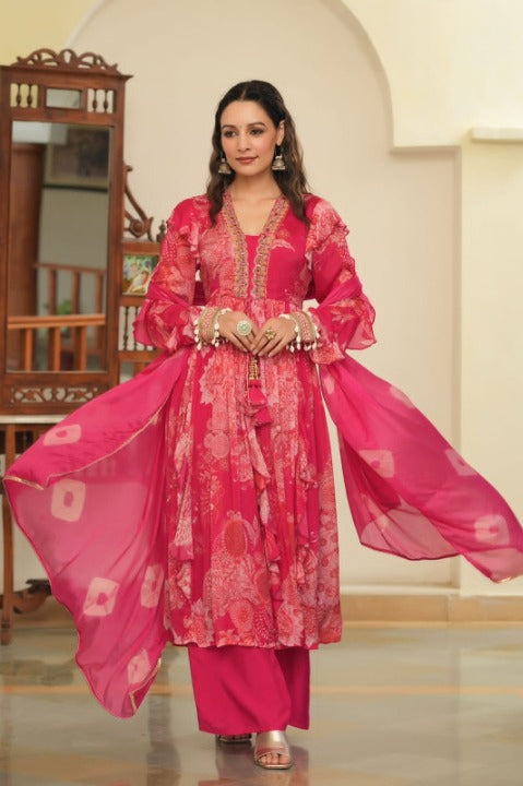 Pink Floral Print Front Slit Full Flair Three Piece Chinnon Anarkali Set 