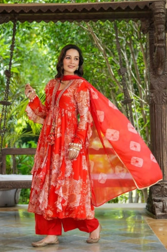 Red Floral Print Front Slit Full Flair Three Piece Chinnon Anarkali Set 
