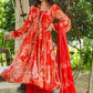 Red Floral Print Front Slit Full Flair Three Piece Chinnon Anarkali Set 