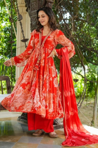 Red Floral Print Front Slit Full Flair Three Piece Chinnon Anarkali Set 