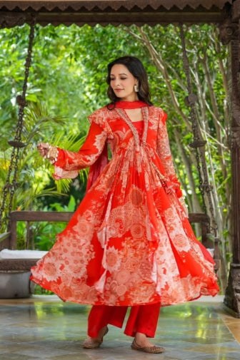 Red Floral Print Front Slit Full Flair Three Piece Chinnon Anarkali Set 