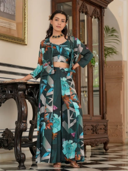 Bottle Green Two Piece Pure Muslin Full Flair Fabric Crop Set With Jacket