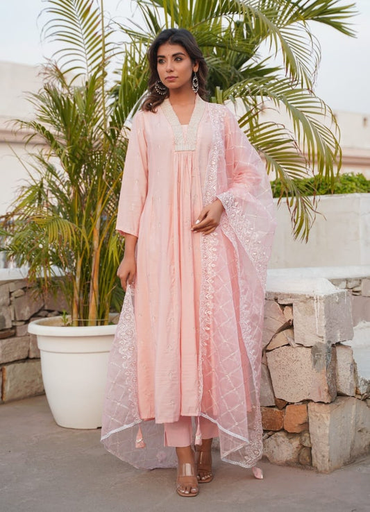 Peach Mul Silk Salwar Suit With Organza Dupatta