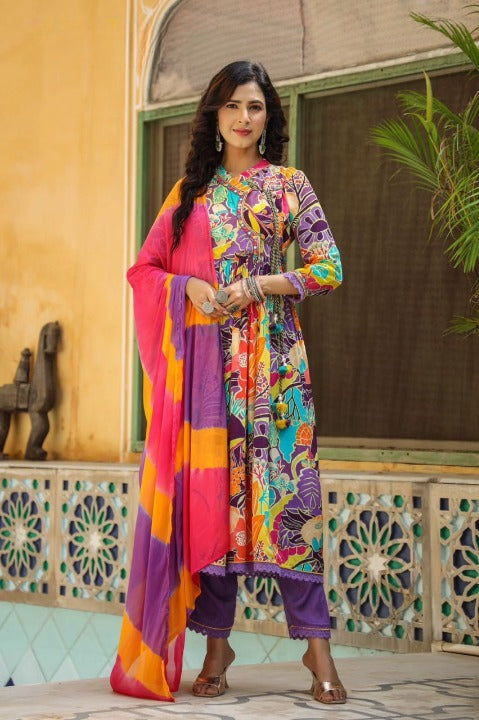 Purple Angrakha Pattern Three Piece Anarkali Kurti Set