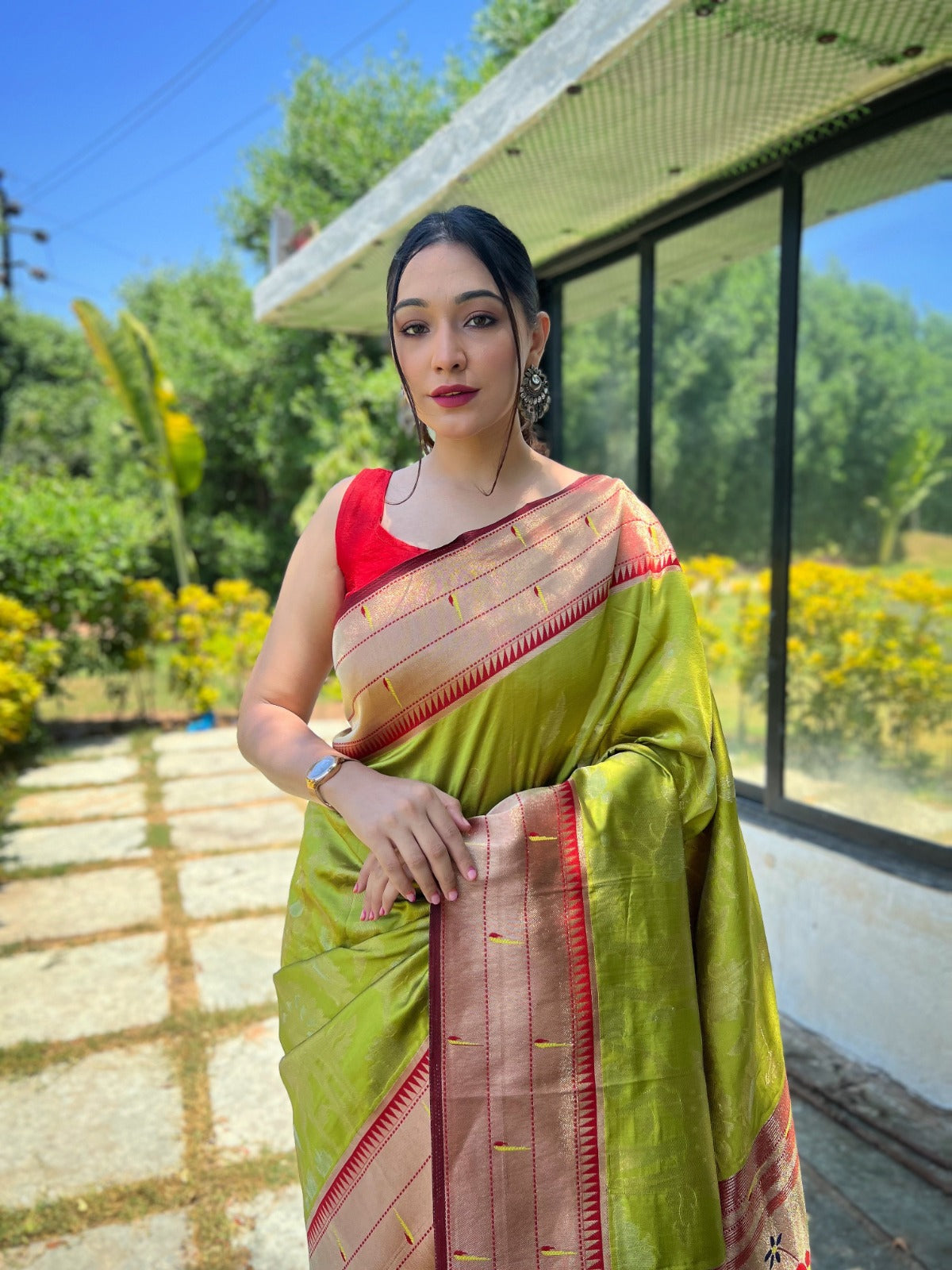 Bright Green Paithani Silk Saree With Allover Zari Woven Motifs