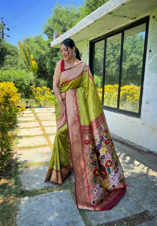 Bright Green Paithani Silk Saree With Allover Zari Woven Motifs