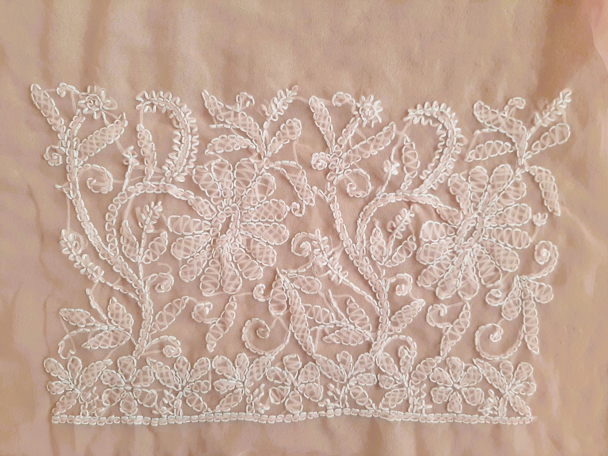 Peach Noor Full Jaal Hand Embroidered Lucknowi Chikankari Saree