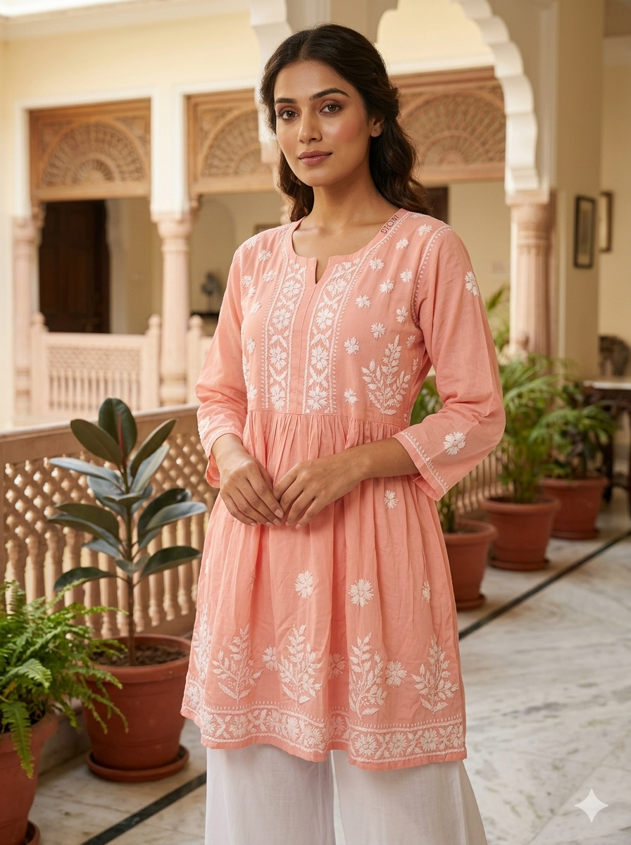 Peach Flared Rayon Short Chikankari Gown Kurti