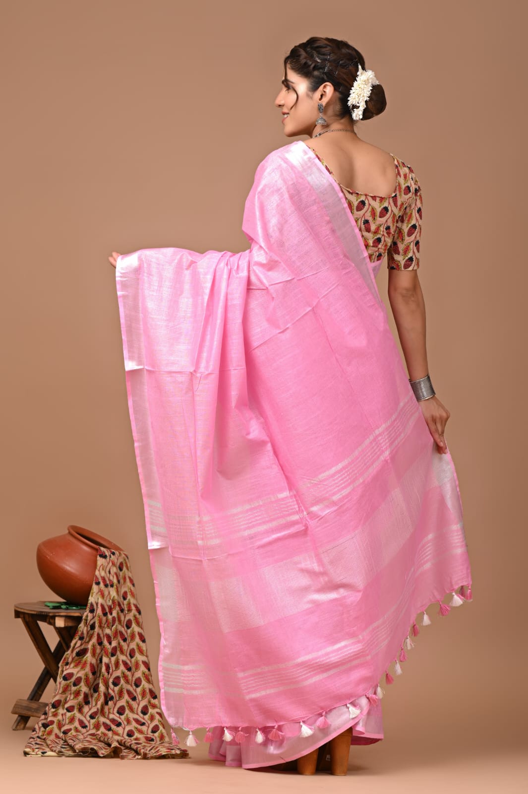Light Pink Linen Saree With Extra Ajrakh Printed Blouse