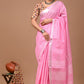 Light Pink Linen Saree With Extra Ajrakh Printed Blouse