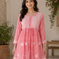 Pink Printed Cotton Mulmul Chikankari Short Kurti with Dori