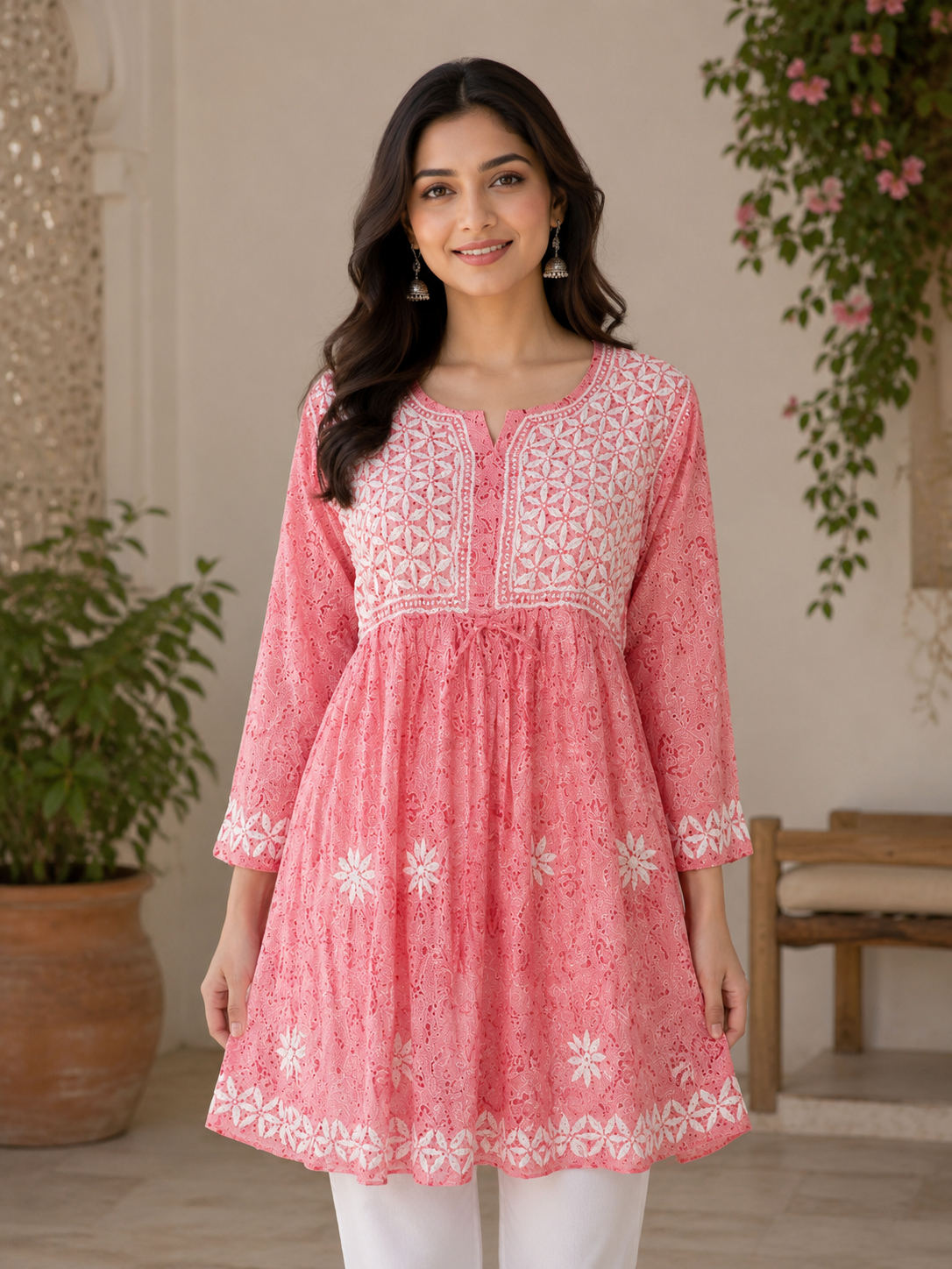 Pink Printed Cotton Mulmul Chikankari Short Kurti with Dori