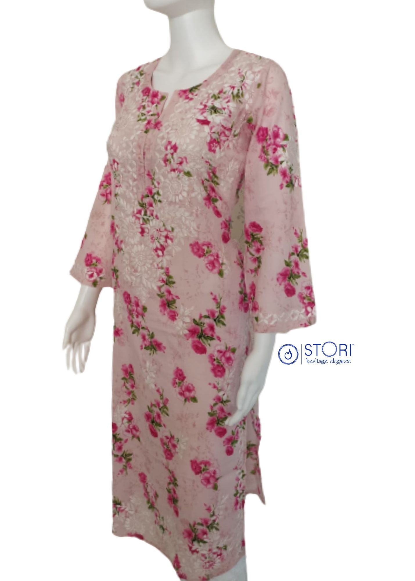 Floral Pink Cotton Mulmul Chikankari Kurti