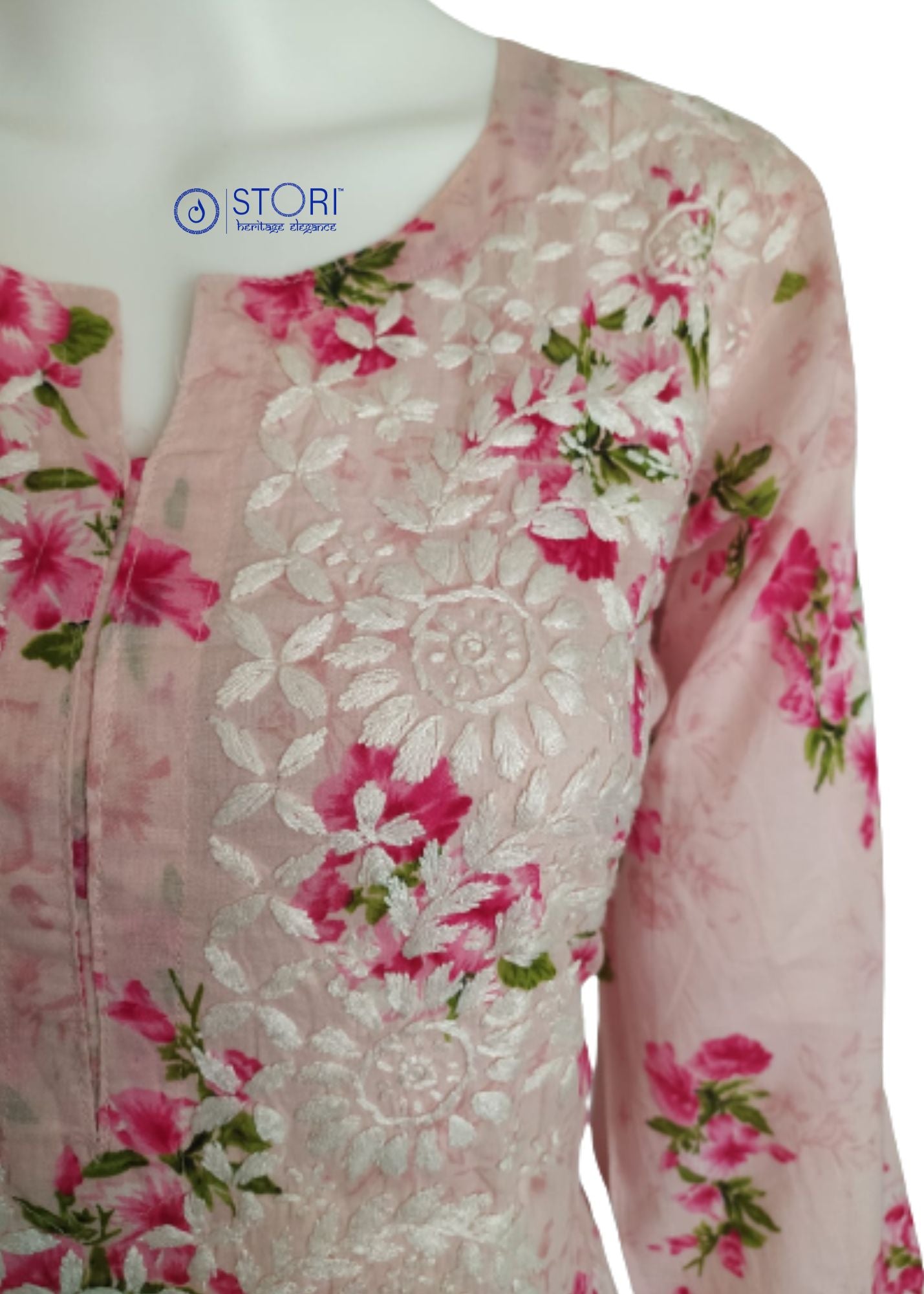 Floral Pink Cotton Mulmul Chikankari Kurti