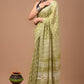 Pista Green Linen Saree With Handblock Floral Prints