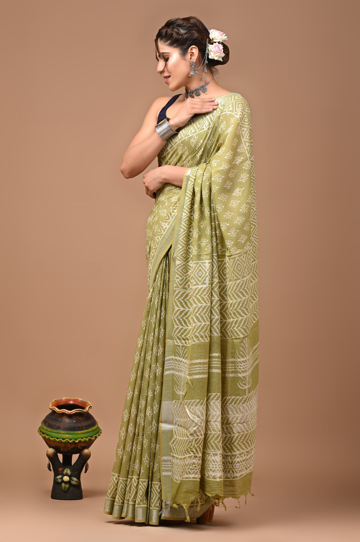 Pista Green Linen Saree With Handblock Floral Prints
