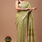 Pista Green Linen Saree With Handblock Floral Prints