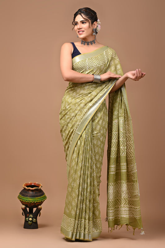 Pista Green Linen Saree With Handblock Floral Prints