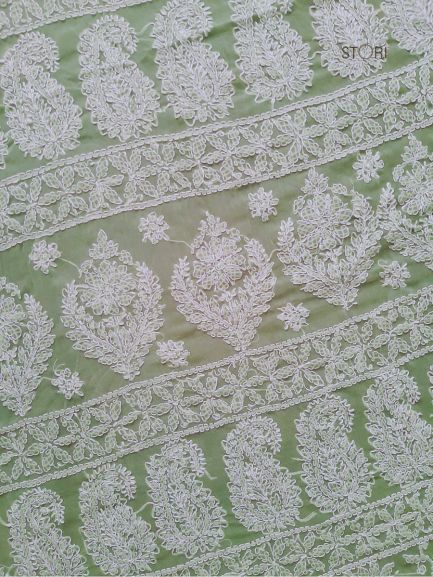 Pista Green Noor Full Jaal Hand Embroidered Lucknowi Chikankari Saree