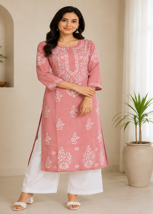 Zaarah Powder Pink Handcrafted Soft Modal Cotton Chikankari Kurti