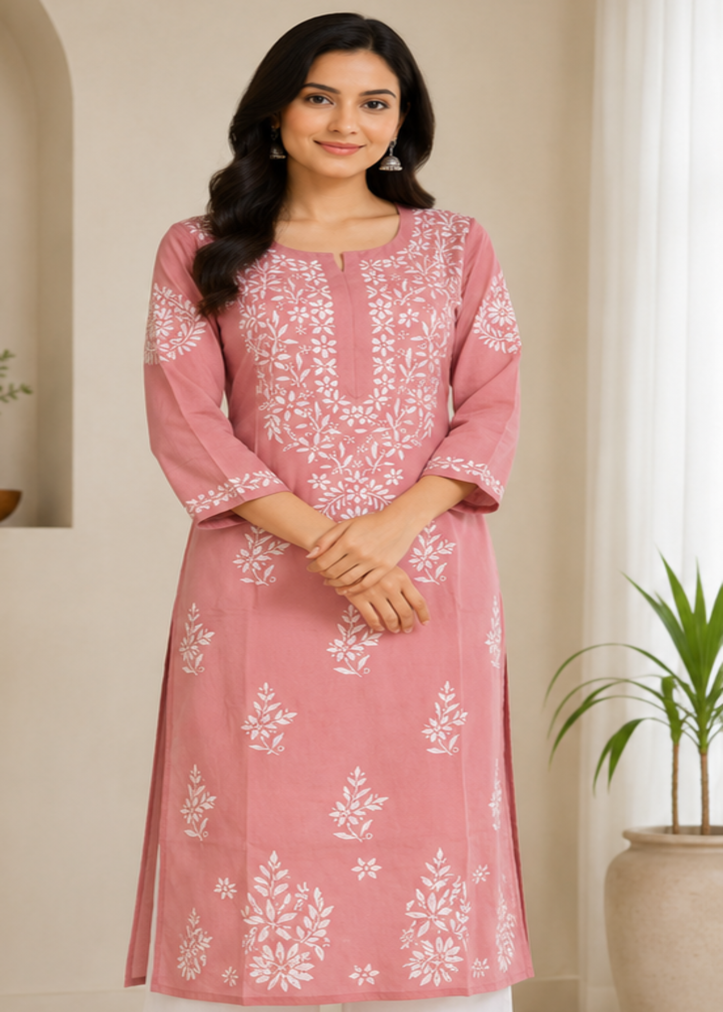 Zaarah Powder Pink Handcrafted Soft Modal Cotton Chikankari Kurti