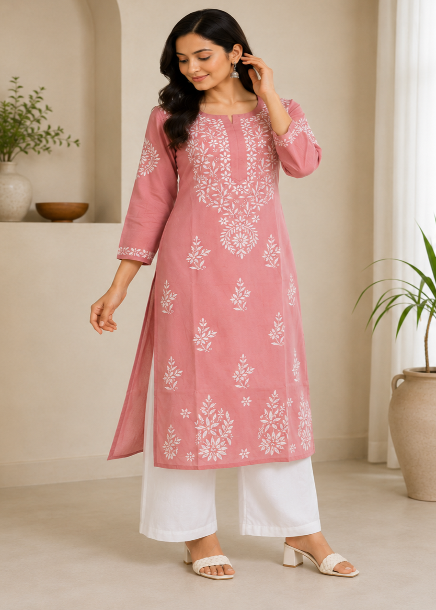 Zaarah Powder Pink Handcrafted Soft Modal Cotton Chikankari Kurti