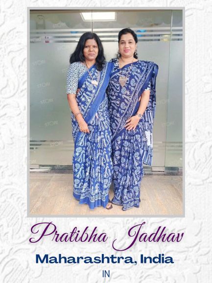 Indigo Blue Sitaar Printed Handloom Cotton Mulmul Saree