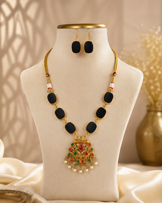 Premium Raw Black stone necklace set with earring 