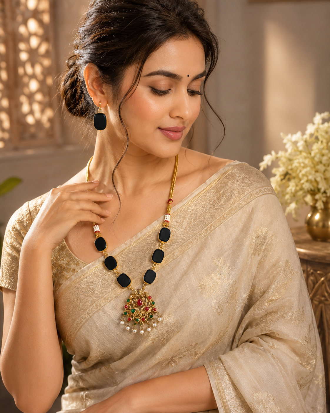 Premium Raw Black stone necklace set with earring 